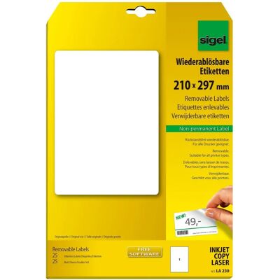 Sigel LA230 Vita rundade rektangulära etiketter - Självhäftande, avtagbara, A4, 25 st. Sigel LA230 Vita rundade rektangulära etiketter - Självhäftande, avtagbara, A4, 25 st.