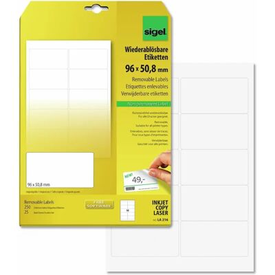 Sigel Modello 96x50,8mm - Etichette - Bianco - A4 Rimovibili Sigel Modello 96x50,8mm - Etichette - Bianco - A4 Rimovibili