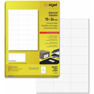 Sigel LA132 White Universal Labels - 70x36mm - 2400 pcs Sigel LA132 White Universal Labels - 70x36mm - 2400 pcs