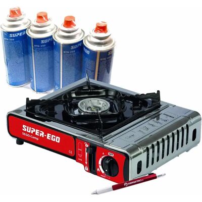 SUPER-EGO TOOLS - SE/1500003888+4 - Estufa de camping portátil con 4 cartuchos de gas SUPER-EGO TOOLS - SE/1500003888+4 - Estufa de camping portátil con 4 cartuchos de gas