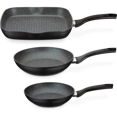 Set de 3 casseroles et grill en aluminium forgé - Granito Gourmet - 20/24/28 cm - Publicité Set de 3 casseroles et grill en aluminium forgé - Granito Gourmet - 20/24/28 cm - Publicité