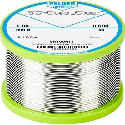 FELDER LÖTTECHNIK - ISO-Core Clear Sn100Ni+ Löttråd - Hochwertiges bleifreies Lötzinn für Hand- und Automatiklötungen - 0,5 kg, 1 mm FELDER LÖTTECHNIK - ISO-Core Clear Sn100Ni+ Löttråd - Hochwertiges bleifreies Lötzinn für Hand- und Automatiklötungen - 0,5 kg, 1 mm