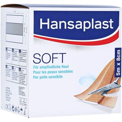 Venda de Herida Hansaplast Soft - Amigable piel sensible - 5m x 8cm - Cobertura de herida Venda de Herida Hansaplast Soft - Amigable piel sensible - 5m x 8cm - Cobertura de herida