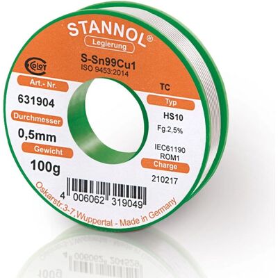 Loodvrij soldeerdradje Stannol HS10 2,5% 0,5mm Sn99,3Cu0,7 - Soldeeraccessoires Loodvrij soldeerdradje Stannol HS10 2,5% 0,5mm Sn99,3Cu0,7 - Soldeeraccessoires