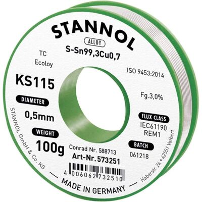 Stannol Stannol KS115 Loodvrije soldeer draad - 3% Flux - 0,5mm - 100g Stannol Stannol KS115 Loodvrije soldeer draad - 3% Flux - 0,5mm - 100g
