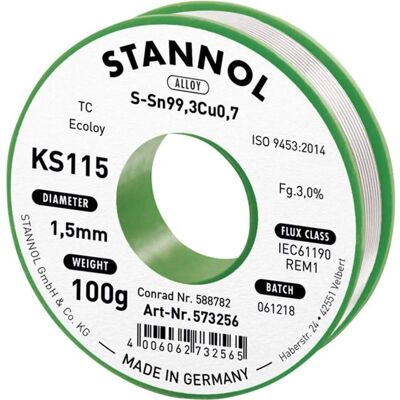 Loodvrije soldeerdraad Stannol KS115 1,5mm 100g Loodvrije soldeerdraad Stannol KS115 1,5mm 100g