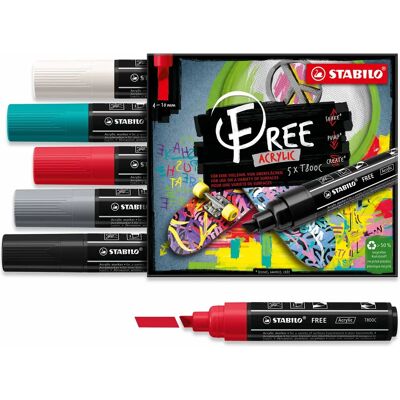 STABILO FREE Akrylpenna - Set om 5 - Färger i blandat - 4-10mm STABILO FREE Akrylpenna - Set om 5 - Färger i blandat - 4-10mm