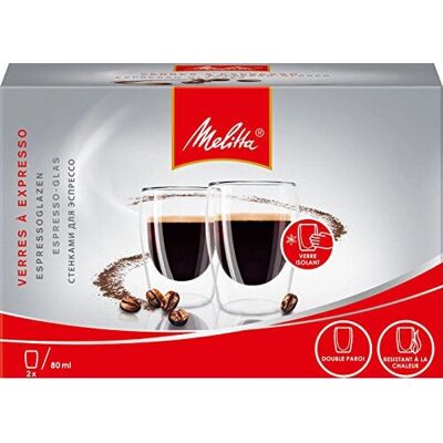 Melitta 2 Verres à Espresso 80 ml en Verre Borosilicate à Double Paroi Compatible Micro-ondes Hauteur 9,2 cm Melitta 2 Verres à Espresso 80 ml en Verre Borosilicate à Double Paroi Compatible Micro-ondes Hauteur 9,2 cm