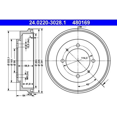 Mitsubishi Bremstrommel - 24.0220-3028.1, 4 Löcher, 203mm Innen, 241mm Außen Mitsubishi Bremstrommel - 24.0220-3028.1, 4 Löcher, 203mm Innen, 241mm Außen