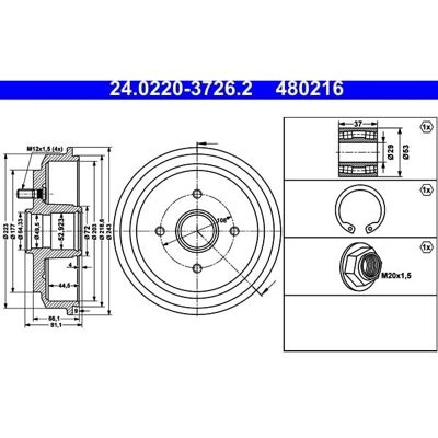 ATE 24.0220-3726.2 Bremsentrommel - Radlager passend für Ford Fiesta V, Fusion, Mazda 2 ATE 24.0220-3726.2 Bremsentrommel - Radlager passend für Ford Fiesta V, Fusion, Mazda 2