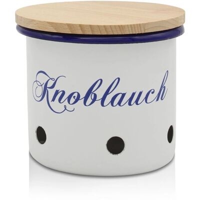 KRÜGER Husum Knoblauchdose - Emaillevorratsdose mit Holzdeckel KRÜGER Husum Knoblauchdose - Emaillevorratsdose mit Holzdeckel