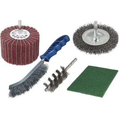 Conjunto de tratamento de metais Wolfcraft - Escovas de arame, Almofadas abrasivas - Superfícies metálicas externas Conjunto de tratamento de metais Wolfcraft - Escovas de arame, Almofadas abrasivas - Superfícies metálicas externas