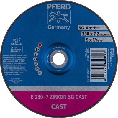 PFERD E 230-7 ZIRKON SG CAST - Schleifscheibe für Gusseisen und Sphäroguss PFERD E 230-7 ZIRKON SG CAST - Schleifscheibe für Gusseisen und Sphäroguss