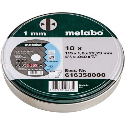 METABO Modell 616358000 Edelstahltrennscheiben - 115mm, 1mm, 10er Pack METABO Modell 616358000 Edelstahltrennscheiben - 115mm, 1mm, 10er Pack