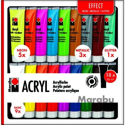 Zestaw Farb Akrylowych Marabu - 18 Kolorów, Efekty Metaliczne i Brokatowe Zestaw Farb Akrylowych Marabu - 18 Kolorów, Efekty Metaliczne i Brokatowe