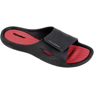 Aquafeel Chaussures de piscine noires/rouges pour homme - Slides - Publicité Aquafeel Chaussures de piscine noires/rouges pour homme - Slides - Publicité