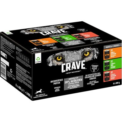 Crave Volwassen Honden Natvoer - Lamsvlees & Rundvlees, Kip & Kalkoen, Zalm & Kalkoen - 6x400g Crave Volwassen Honden Natvoer - Lamsvlees & Rundvlees, Kip & Kalkoen, Zalm & Kalkoen - 6x400g