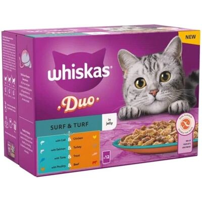 Whiskas 1+ Pouches Mega Multibuy 96 x 85g - Duo Surf & Turf in Jelly Whiskas 1+ Pouches Mega Multibuy 96 x 85g - Duo Surf & Turf in Jelly