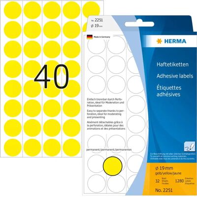 Herma Gelbe 19mm Selbstklebende Runde Etiketten - Selbstklebende Etiketten Herma Gelbe 19mm Selbstklebende Runde Etiketten - Selbstklebende Etiketten