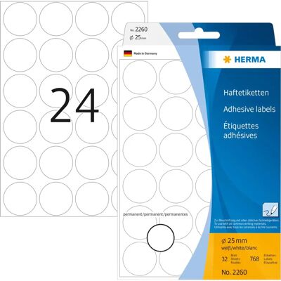 Herma 2260 Witte Ronde Etiketten - Zelfklevend Herma 2260 Witte Ronde Etiketten - Zelfklevend
