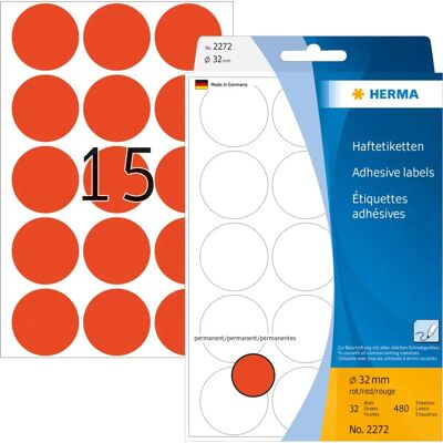 Herma Röda Självhäftande Runda Etiketter - 32mm, 480 st. Herma Röda Självhäftande Runda Etiketter - 32mm, 480 st.