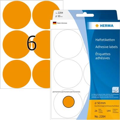 Étiquettes auto-adhésives luminescentes Orange Herma - 50mm, 144 pcs Étiquettes auto-adhésives luminescentes Orange Herma - 50mm, 144 pcs