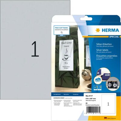 Herma Silber Folienetiketten - A4, Packung mit 25, Selbstklebend, Wasserfest - Etikett Herma Silber Folienetiketten - A4, Packung mit 25, Selbstklebend, Wasserfest - Etikett
