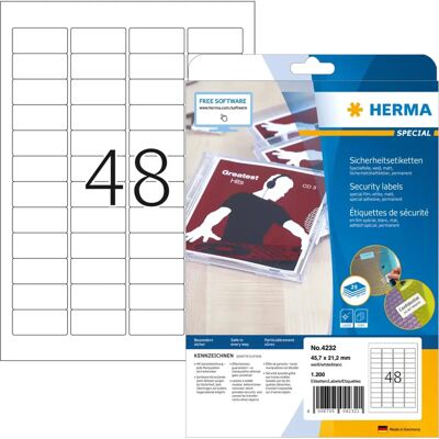 Herma White Security Labels 45.7x21.2mm - Tamper-Evident, Self-Adhesive, A4 Herma White Security Labels 45.7x21.2mm - Tamper-Evident, Self-Adhesive, A4