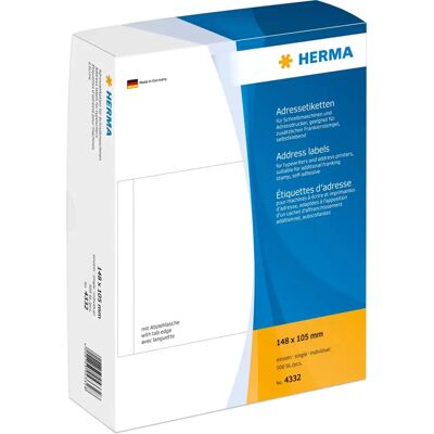 Herma 4332 Address Label - 500 Self-Adhesive White Labels 148x105mm Herma 4332 Address Label - 500 Self-Adhesive White Labels 148x105mm
