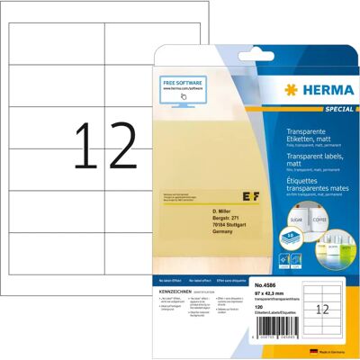 Herma 4586 Transparent Matte Labels - Self-Adhesive, 97x42.3mm, 120 pcs Herma 4586 Transparent Matte Labels - Self-Adhesive, 97x42.3mm, 120 pcs