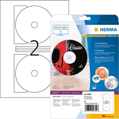 HERMA 4850 Vita CD/DVD-etiketter - Självhäftande, utskrivbara med InkJet HERMA 4850 Vita CD/DVD-etiketter - Självhäftande, utskrivbara med InkJet