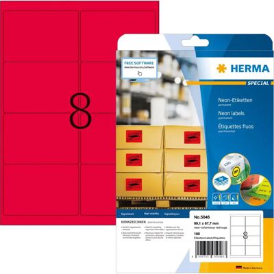 Étiquettes Néon Herma - 160 pcs - 99,1x67,7mm - Autoadhésives - A4 - Rouge néon brillant - Étiquetage - Publicité Étiquettes Néon Herma - 160 pcs - 99,1x67,7mm - Autoadhésives - A4 - Rouge néon brillant - Étiquetage - Publicité