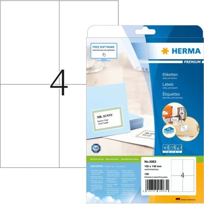 Herma 5063 Weiße Druckeretiketten - Selbstklebend, A4 105x148mm - 100 Stück Herma 5063 Weiße Druckeretiketten - Selbstklebend, A4 105x148mm - 100 Stück