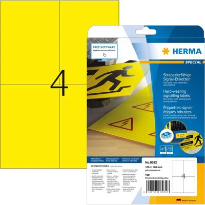 HERMA 8032 Väderbeständiga Gula Skrivarmärken - Självhäftande, A4 HERMA 8032 Väderbeständiga Gula Skrivarmärken - Självhäftande, A4