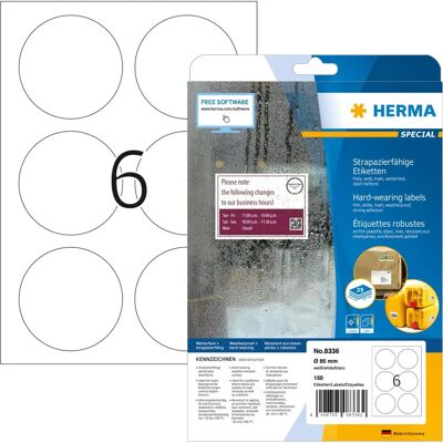 Herma 8336 Værbestandige polyesteretiketter - Runde 85mm Herma 8336 Værbestandige polyesteretiketter - Runde 85mm