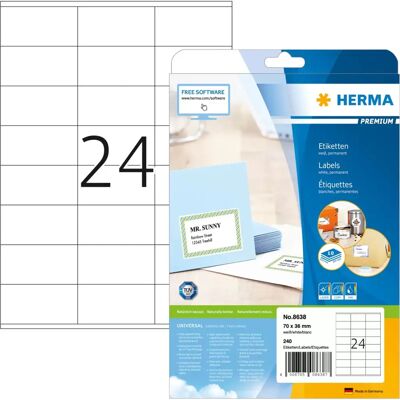 Herma 8638 White Rectangle Labels - Premium Quality - 70x36mm - 240 pcs Herma 8638 White Rectangle Labels - Premium Quality - 70x36mm - 240 pcs