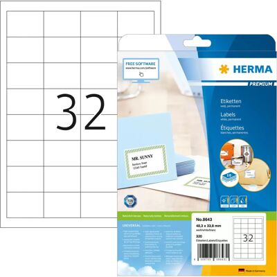 Herma 8643 Hvite permanente selvklebende etiketter - Rektangel A4 320 stk Herma 8643 Hvite permanente selvklebende etiketter - Rektangel A4 320 stk