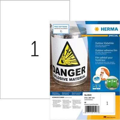 Herma 9543 White Weatherproof Self-Adhesive Labels - A4, 40 pcs Herma 9543 White Weatherproof Self-Adhesive Labels - A4, 40 pcs