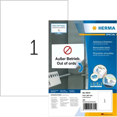 Herma 10315 Zelfklevende Labels - A4 Wit, Verwijderbaar, 100 Stuks Herma 10315 Zelfklevende Labels - A4 Wit, Verwijderbaar, 100 Stuks