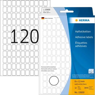 Herma 10600 Weiße Selbstklebende Etiketten - 8x12mm - 3840 Stück Herma 10600 Weiße Selbstklebende Etiketten - 8x12mm - 3840 Stück
