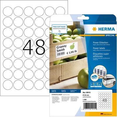 Herma 10915 Selvklæbende etiketter - Runde 30mm - 1200 stk Herma 10915 Selvklæbende etiketter - Runde 30mm - 1200 stk