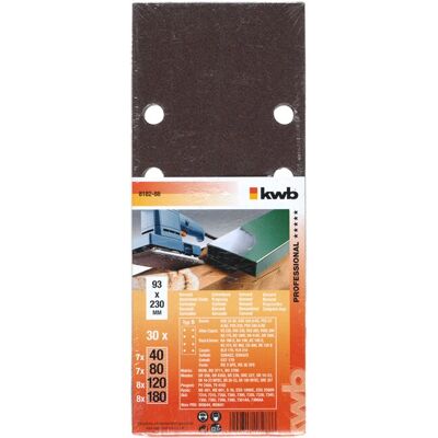 Kwb 818288 Papel de lixa - 30 folhas, Granulação 60-180, 230x93 mm Kwb 818288 Papel de lixa - 30 folhas, Granulação 60-180, 230x93 mm