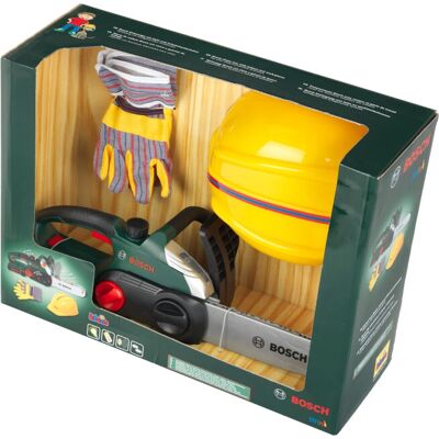 Sega a catena Bosch con casco e banco di lavoro per bambini - Gioco di ruolo Sega a catena Bosch con casco e banco di lavoro per bambini - Gioco di ruolo