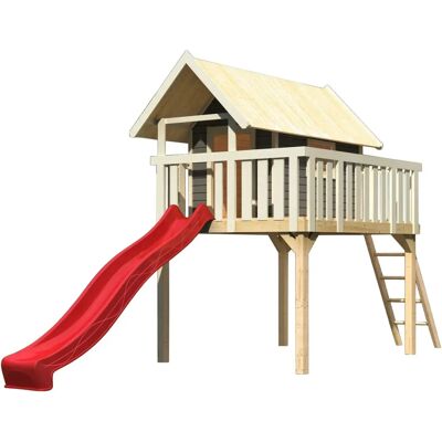 AKUBI Fidel Holzspielturm - Grau, Rutsche in Rot - Spielturm AKUBI Fidel Holzspielturm - Grau, Rutsche in Rot - Spielturm