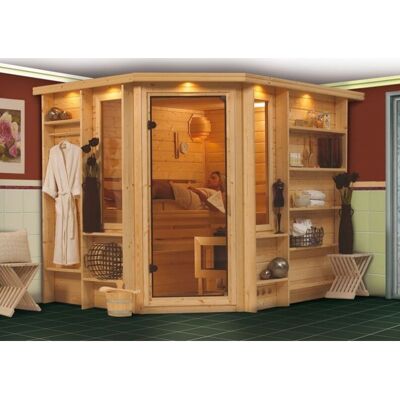 Sauna Karibu Riona - Épicéa Nordique, 40mm, Porte en Verre - Type Sauna - Publicité Sauna Karibu Riona - Épicéa Nordique, 40mm, Porte en Verre - Type Sauna - Publicité