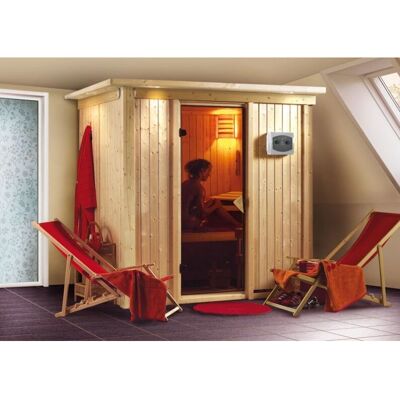 Système sauna Karibu Sodin avec couronne naturelle - Système 68 mm - Publicité Système sauna Karibu Sodin avec couronne naturelle - Système 68 mm - Publicité