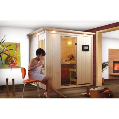 Sauna Karibu Fanja - Bois Nordique - Porte en Verre - 210x165x202 cm - Sauna - Publicité Sauna Karibu Fanja - Bois Nordique - Porte en Verre - 210x165x202 cm - Sauna - Publicité