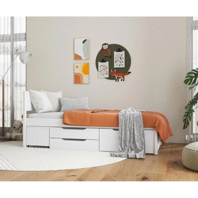 FETY Weißes Kiefern-Bett 90x200 cm mit Stauraum & Nachttisch FETY Weißes Kiefern-Bett 90x200 cm mit Stauraum & Nachttisch