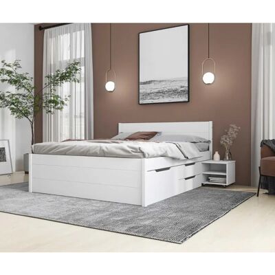 Lit Blanc Pin 180x200 avec Tiroirs et Chevet - FETY - Publicité Lit Blanc Pin 180x200 avec Tiroirs et Chevet - FETY - Publicité