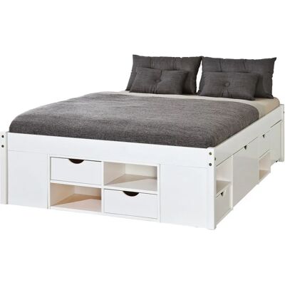 Cama blanca de pino con almacenamiento y mesita - Cama Cama blanca de pino con almacenamiento y mesita - Cama